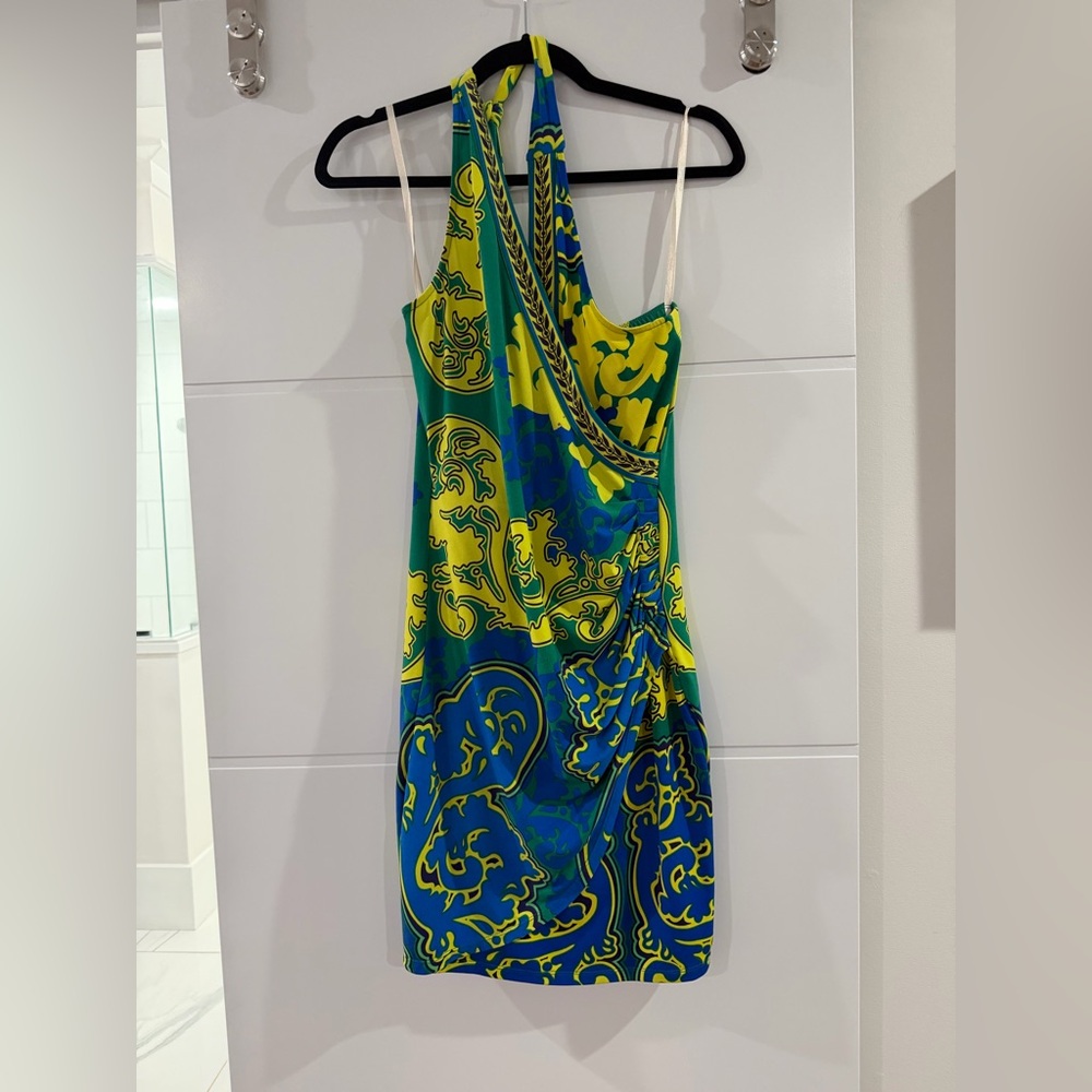 Hale Bob Yellow, Green & Blue One-Shoulder Printed Dress